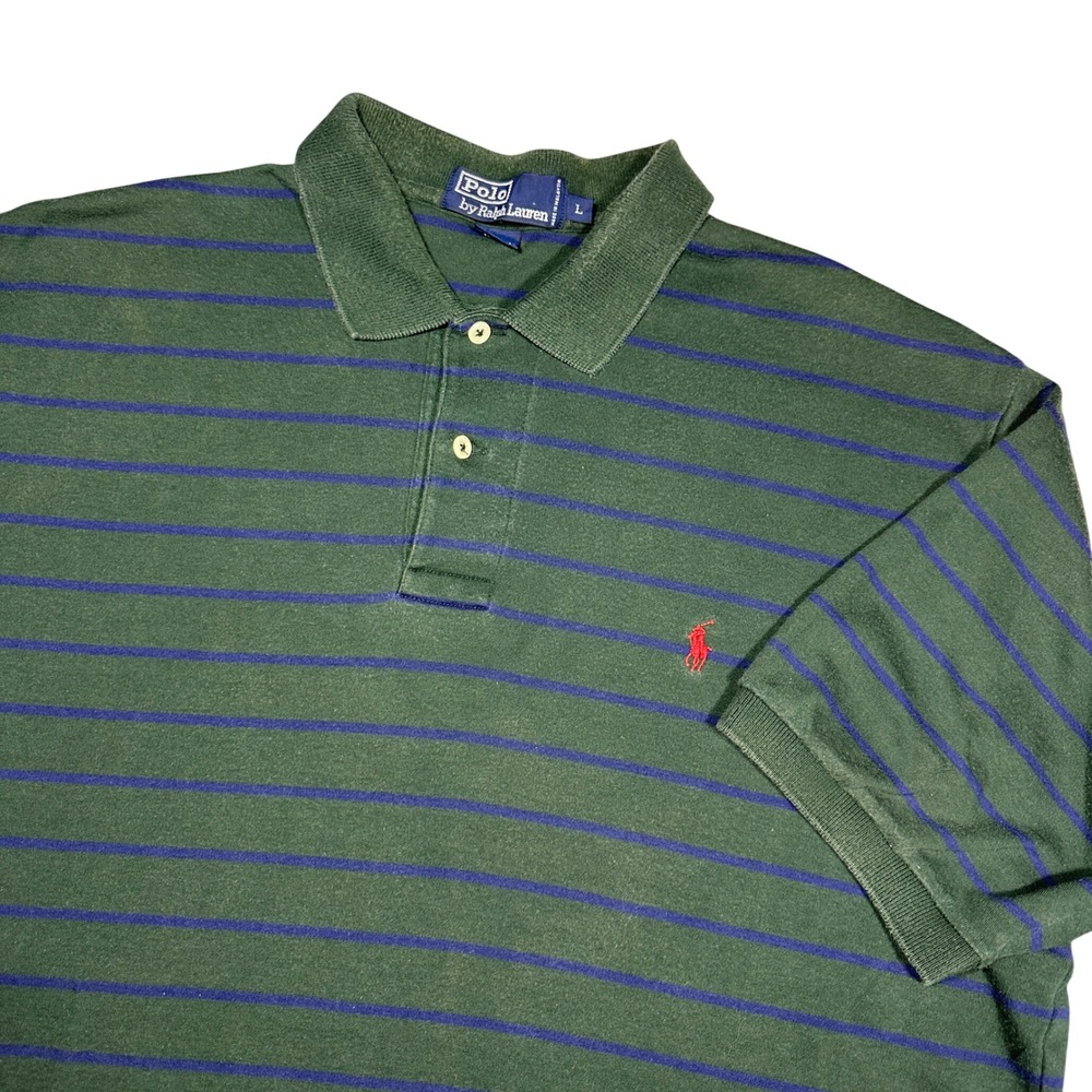 VTG Polo Ralph Lauren Mens Large Green Blue Pin Striped Short Sleeve Golf Shirt